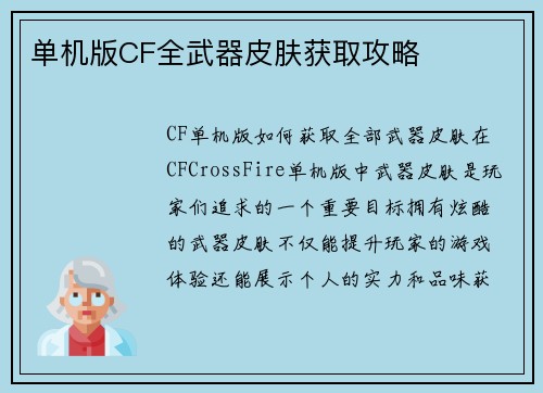 单机版CF全武器皮肤获取攻略